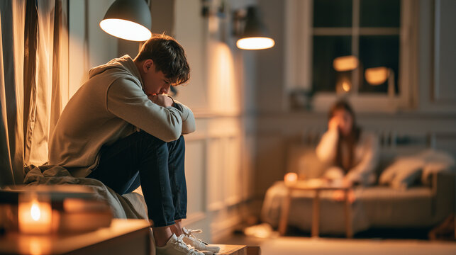 Young man sitting alone on the edge of his bed, staring at the floor, feeling emotionally exhausted, , young man crying, woman sitting in the dark room, burnout, photo style
