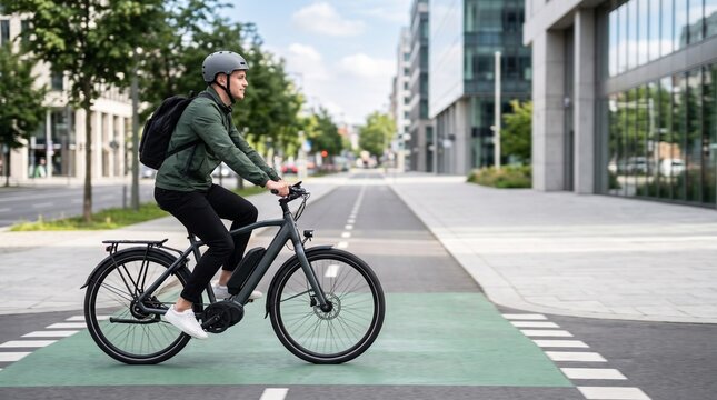 Man riding an electric bicycle on a city street with modern buildings
