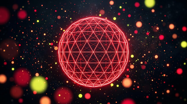Abstract red glowing wireframe sphere with floating particle bokeh background
