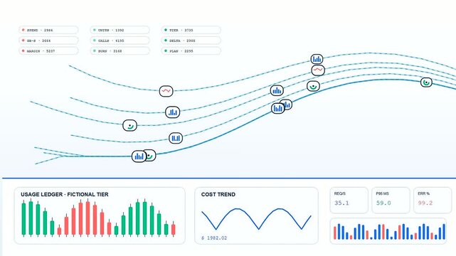 Serverless computing interface displays a digital dashboard with flowing blue network lines and colorful bar charts reflecting live performance metrics across three distinct analytical panel views