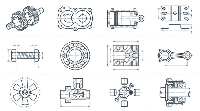 Industrial machinery elements feature diverse mechanical parts and kinematic joints shown in a clear technical schematics grid for professional engineering and manufacturing reference documentation.
