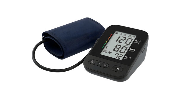 Modern digital blood pressure monitor with arm cuff displaying healthy vital signs, isolated on transparent background.