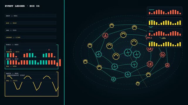 Abstract serverless computing visual panels display glowing network nodes and fluctuating data line charts against a dark digital interface showing system status and process activity