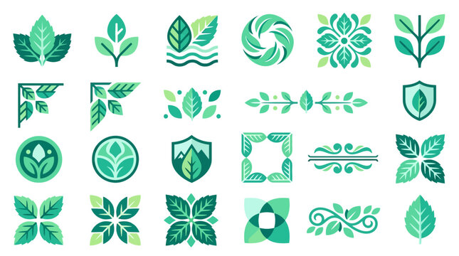 Green mint leaf logos and heraldic emblem collection.