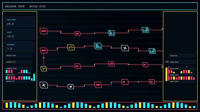 A screen displaying serverless computing architecture with three distinct development phases showing system performance metrics nodes connection paths blue and yellow light lines across dark space