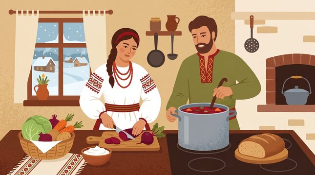 Couple preparing traditional Ukrainian borscht in cozy kitchen during winter