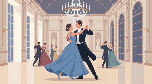 Couple dancing waltz in elegant ballroom during evening event celebration