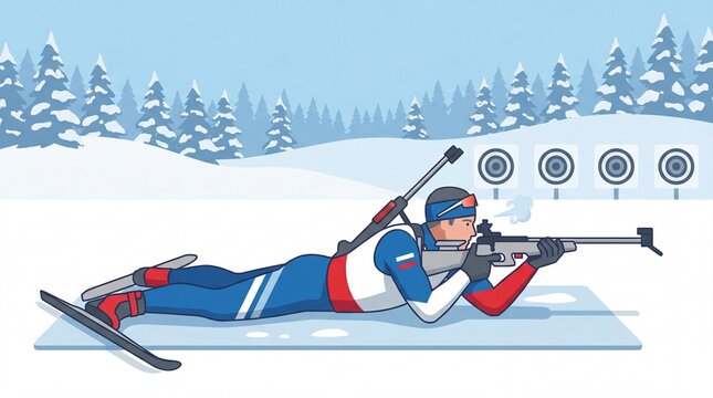 Man competing in biathlon event skiing and shooting in winter landscape