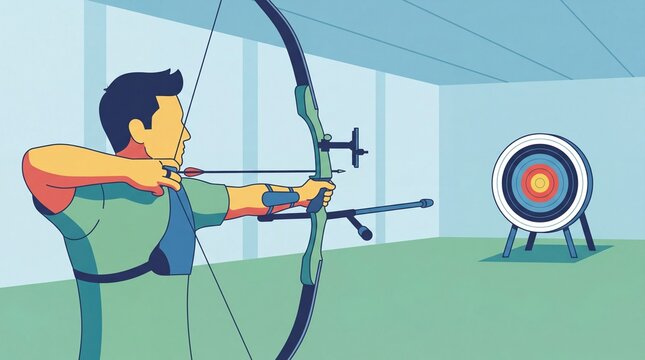 Man practicing competitive indoor archery in modern training facility