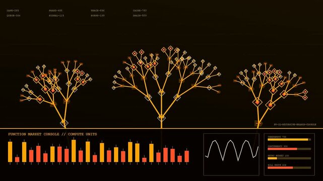 A digital serverless computing dashboard displays fractal tree growth patterns and glowing data bar charts that animate across three separate panels in a dark interface