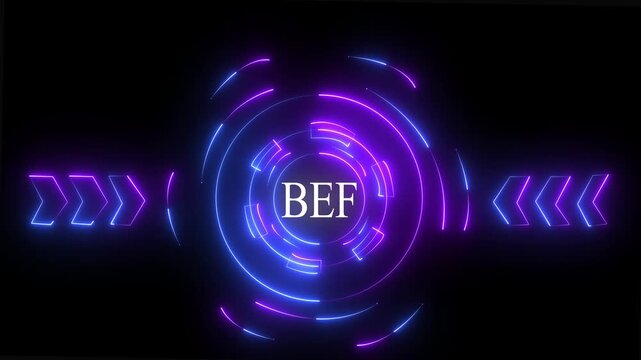 Abstract neon glowing technology of" BEF,, for High-Speed Mobile Connectivity, Holographic Display, Financial Data Visualization, Digital Symbol in Futuristic  on black background 4k video.