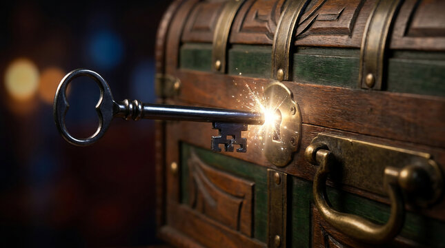 Vintage key unlocking a wooden treasure chest with sparks, creating a magical glow, concept for discovery, secrets and unlocking potential