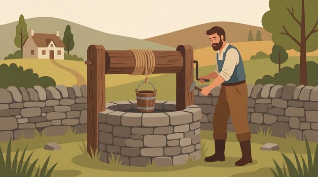 Man restoring heritage windlass well in rural landscape with historical context