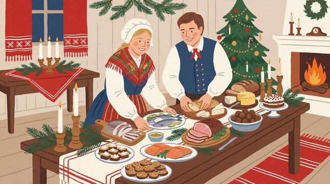 Couple preparing traditional Swedish julbord Christmas feast in cozy home setting