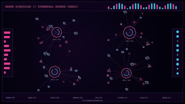 Digital serverless computing displays showing abstract node networks with oscillating data streams and pink glowing interfaces presented on a dark purple screen for system monitoring software