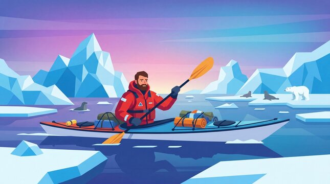Man kayaking in icy waters during polar expedition adventure