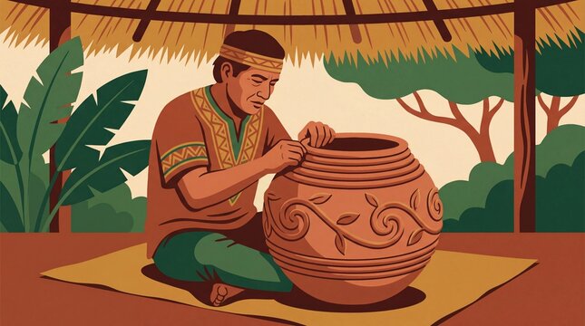 Man crafting traditional pottery in Amazonian setting with cultural significance
