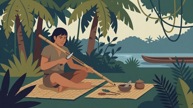 Man crafting traditional blowpipe in tropical forest by the river
