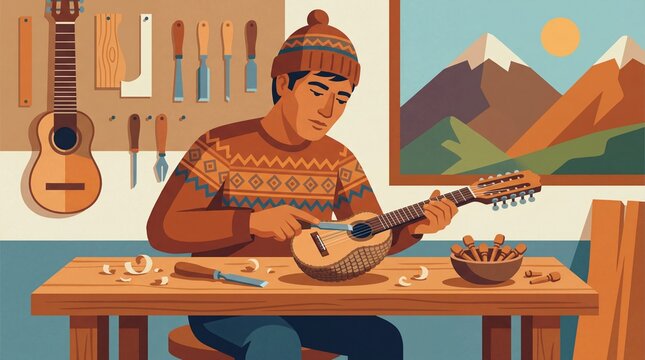 Man crafting charango lute in workshop with tools and mountain view
