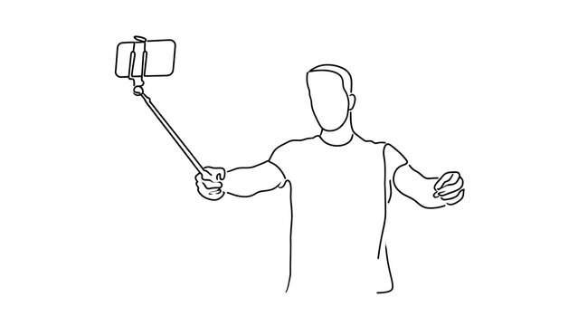 Person holding selfie stick on white background.
