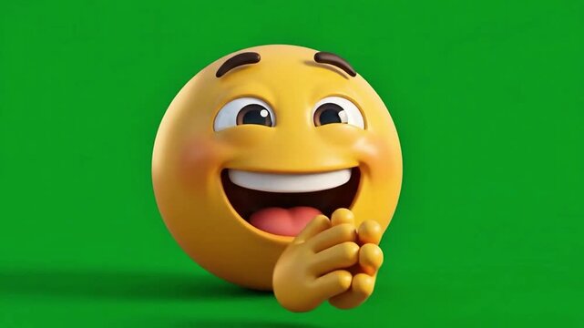 Happy yellow 3D emoticon character with clasped hands laughing on green screen background