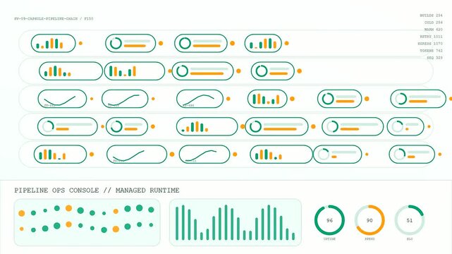 Serverless computing interface displays a digital dashboard with multiple scrolling graphs and circular loading status icons shown on a clean screen for professional software monitoring tasks