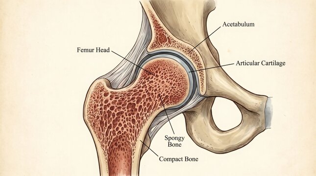 Detailed anatomical illustration of the human hip joint showing bone structure and cartilage.