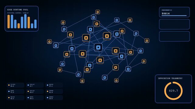 Digital serverless computing displays showing node network connections with fluctuating data metrics and analytical circular gauges on a deep navy blue screen for modern computing analytics