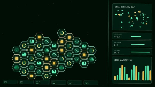 Serverless computing interface displays dynamic hexagonal clusters of data points with rising bar graphs and cellular topology maps pulsing in a vibrant dark digital neon environment