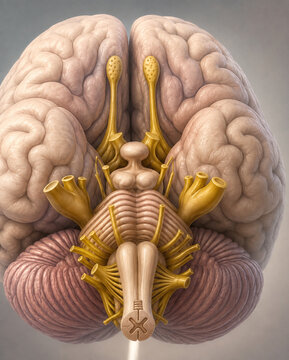 AI generated detailed medical illustration of the human brainstem cranial nerves cerebellum ventral brain anatomy realistic scientific structures for medical education