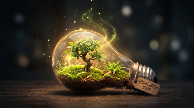 Small green bonsai tree growing inside a glowing light bulb with magical sparkles on a dark background