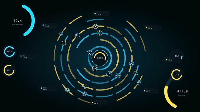 Serverless computing interface displays rotating neon circular gauges with numerical data points glowing on a dark screen featuring digital information processing elements in a continuous loop