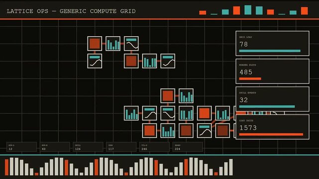 Monitoring serverless computing nodes as the flow of data processing grows across the digital grid displays various metrics and numeric values in dark ambient interface