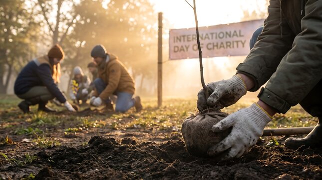 Group of Volunteers Planting Young Trees for International Day of Charity at Sunrise, Environmental Reforestation and Community Philanthropy Concept