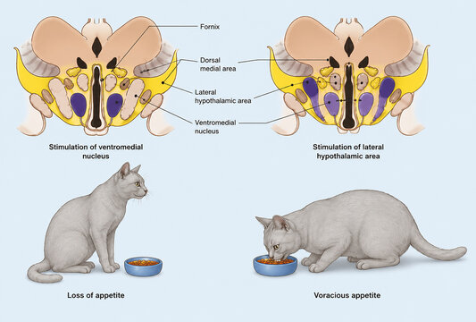 AI generated educational medical infographic comparing hypothalamic appetite regulation showing ventromedial lateral nuclei brain anatomy feeding behavior clinical learning