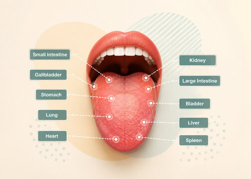 AI generated detailed tongue organ reflex zone diagram illustrating anatomical regions linked to internal organs for medical education holistic wellness healthcare reference