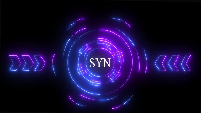 Abstract neon glowing technology of" SYN,, for High-Speed Mobile Connectivity, Holographic Display, Financial Data Visualization, Digital Symbol in Futuristic  on black background 4k video.
