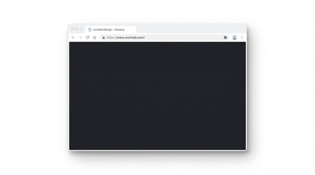 Minimalist web browser window mockup, blank dark screen interface on white background, modern internet browser frame for website presentation