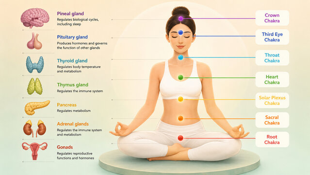 AI generated meditation wellness infographic linking seven chakras endocrine glands anatomy clean educational layout for holistic health mindfulness balance