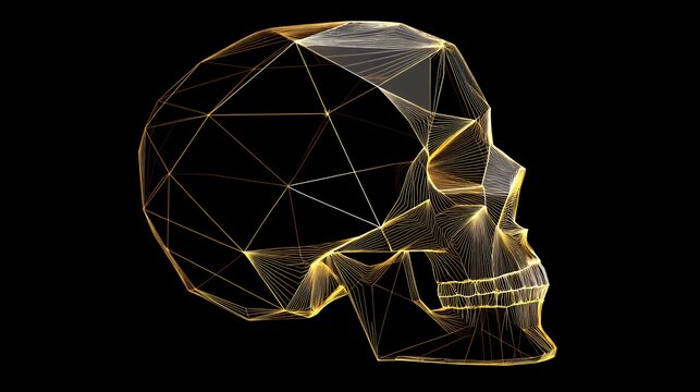 Golden wireframe polygonal skull profile side view with glowing neon mesh lines on dark black background
