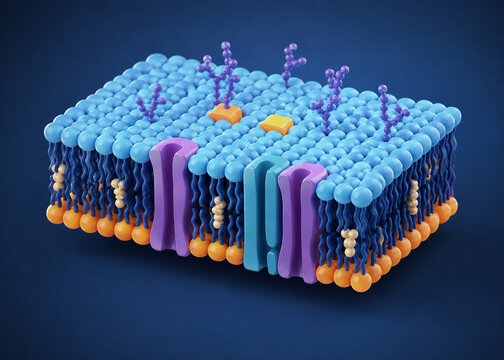 AI generated detailed 3D cell membrane phospholipid bilayer membrane proteins cholesterol glycoproteins for biology education biomedical research scientific visualization