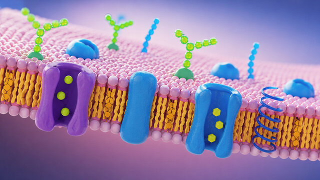 AI generated detailed 3D cell membrane structure lipid bilayer membrane proteins glycoproteins cholesterol molecular biology visualization for education medical research