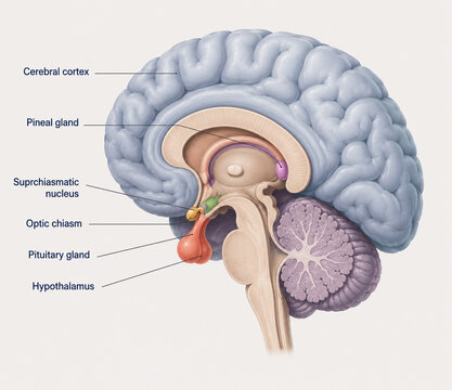 AI generated educational brain anatomy illustration highlighting pineal gland pituitary hypothalamus optic chiasm cerebral cortex labeled medical structures for learning