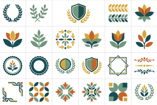 Modern geometric logo and floral emblem collection.