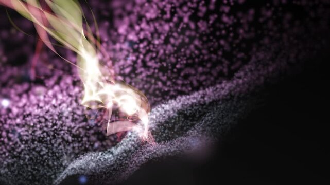 A mesmerizing, ethereal video sequence unfolds in a deep, dark space filled with swirling luminous forms that dance through the void