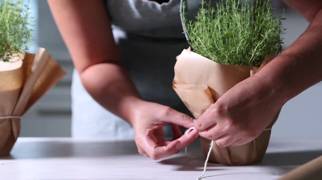 Woman with thyme plants in pots at white table indoors, closeup