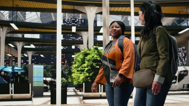Friends walk together through a bus terminal while chatting; the passengers carry backpacks and enjoy a friendly conversation in the shuttle station before their intercity departure.