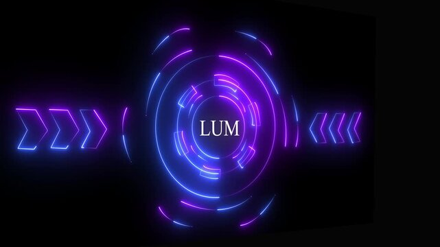 Abstract neon glowing technology of" LUM,, for High-Speed Mobile Connectivity, Holographic Display, Financial Data Visualization, Digital Symbol in Futuristic 