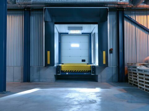 Refrigerated loading dock door and sealed dock leveler in a warehouse setting