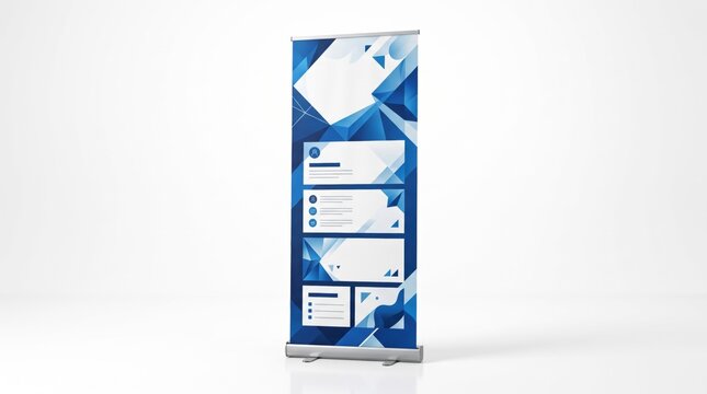 Professional roll-up banner mockup with blue geometric design, vertical pull-up stand for corporate exhibition, modern advertising display template